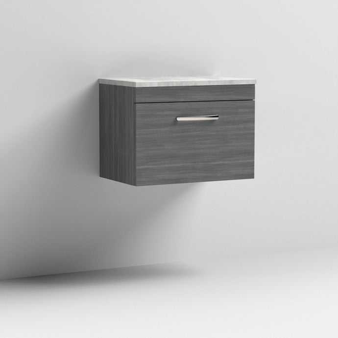 Nuie Athena 1-Drawer Wall Hung Vanity Unit in Brown Grey Avola with grey worktop, 600mm wide, modern bathroom storage solution