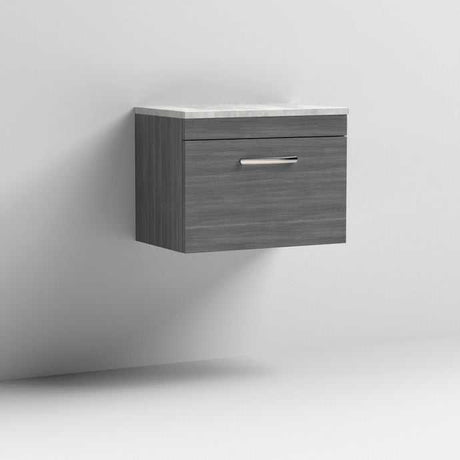 Nuie Athena 1-Drawer Wall Hung Vanity Unit in Brown Grey Avola with grey worktop, 600mm wide, modern bathroom storage solution