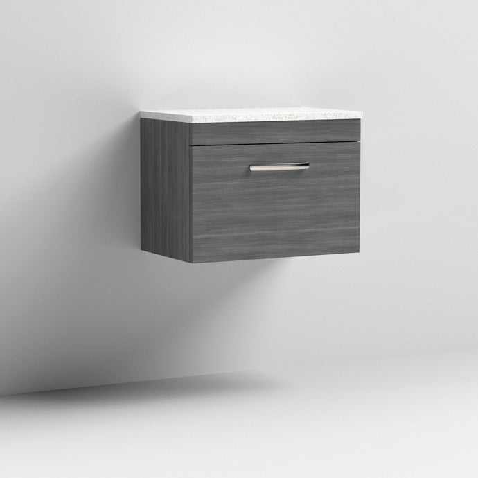 Nuie Athena 1-Drawer Wall Hung Vanity Unit in Brown Grey Avola with sparkling white worktop, 600mm wide modern bathroom storage unit