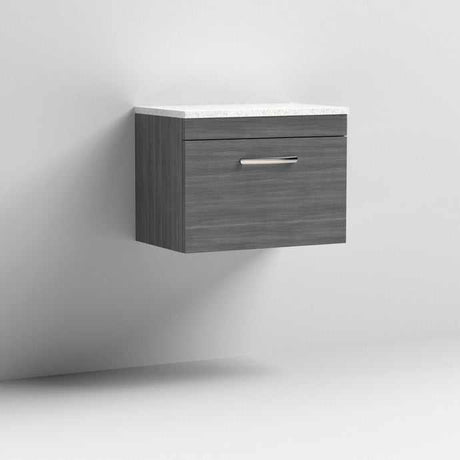 Nuie Athena 1-Drawer Wall Hung Vanity Unit in Brown Grey Avola with sparkling white worktop, 600mm wide modern bathroom storage unit