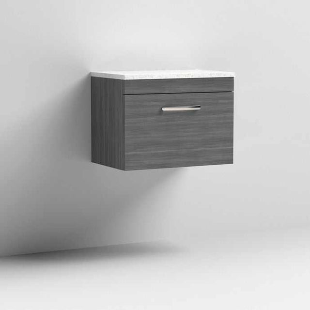 Nuie Athena 1-Drawer Wall Hung Vanity Unit in Brown Grey Avola with sparkling white worktop, 600mm wide modern bathroom storage unit