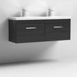 Nuie Athena 2-drawer wall hung vanity unit in Hacienda Black with double ceramic basin and modern chrome faucets