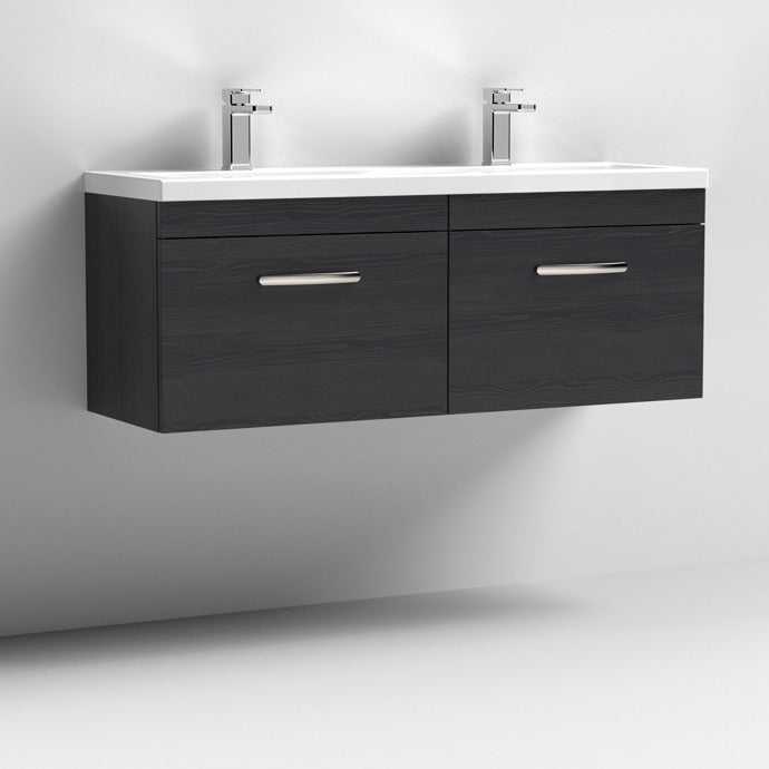 Nuie Athena 2-drawer wall hung vanity unit in Hacienda Black with double ceramic basin and modern chrome faucets
