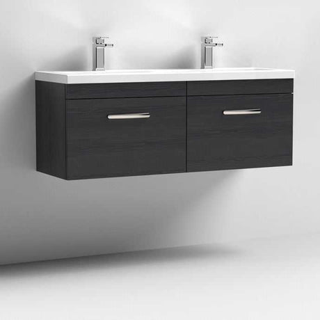 Nuie Athena 2-drawer wall hung vanity unit in Hacienda Black with double ceramic basin and modern chrome faucets