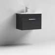 Nuie Athena 1-Drawer wall hung bathroom vanity unit in Hacienda Black with Basin-4 and chrome handle, 600mm wide
