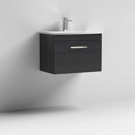 Nuie Athena 1-Drawer wall hung bathroom vanity unit in Hacienda Black with Basin-4 and chrome handle, 600mm wide