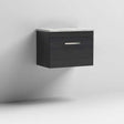 Nuie Athena 1-Drawer Wall Hung Vanity Unit in Hacienda Black with grey worktop, modern bathroom storage solution.