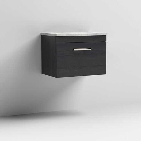 Nuie Athena 1-Drawer Wall Hung Vanity Unit in Hacienda Black with grey worktop, modern bathroom storage solution.