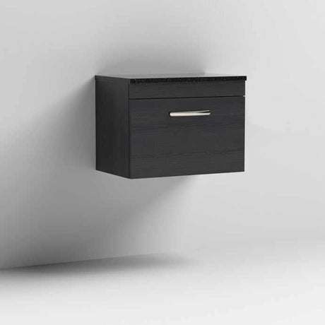 Nuie Athena 1-Drawer Wall Hung Vanity Unit in Hacienda black with sparkling black worktop, 600mm wide, modern space-saving bathroom cabinet
