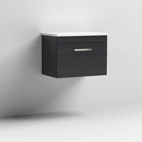 Nuie Athena 1-drawer wall hung vanity unit in Hacienda Black with sparkling white worktop, 600mm wide, modern bathroom storage solution.