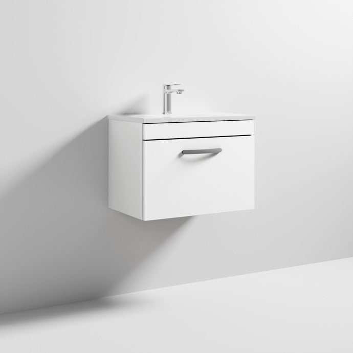 Nuie Athena Gloss White Contemporary 600 Wall Hung Single Drawer Vanit