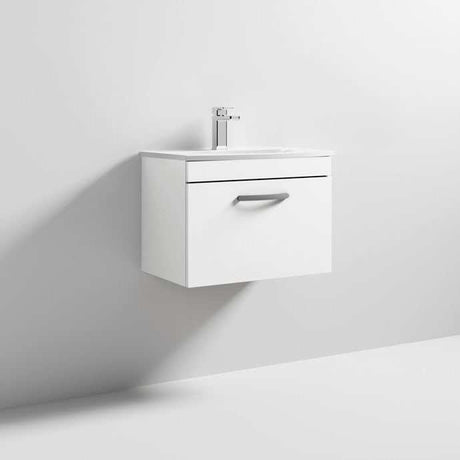 Nuie Athena 1-Drawer wall hung vanity unit in gloss white with ceramic basin and soft-close drawer