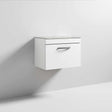 Nuie Athena 600mm wide gloss white wall hung vanity unit with grey worktop and single drawer storage