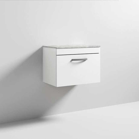 Nuie Athena 600mm wide gloss white wall hung vanity unit with grey worktop and single drawer storage