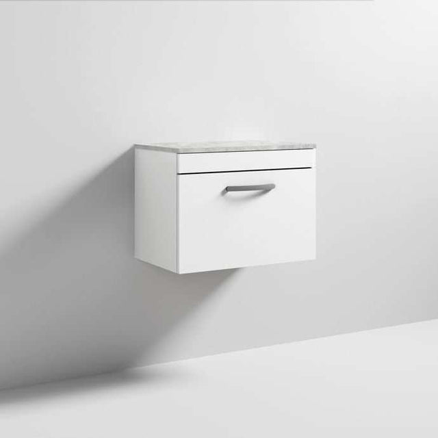 Nuie Athena 600mm wide gloss white wall hung vanity unit with grey worktop and single drawer storage