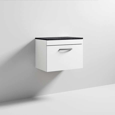 Nuie Athena 1-Drawer wall hung vanity unit with gloss white finish and sparkling black worktop, 600mm wide