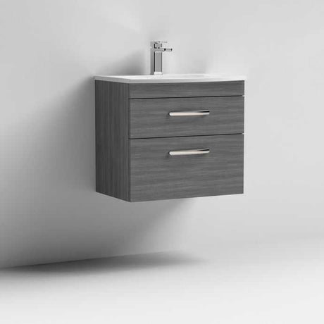 Nuie Athena Vanity Unit wall-hung 2-drawer bathroom vanity in brown grey Avola finish with integrated basin and chrome faucet.