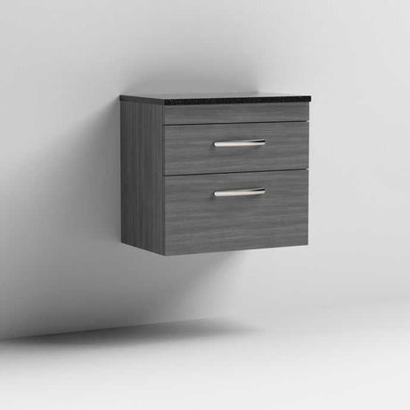 Nuie Athena 2-drawer wall hung vanity unit with sparkling black worktop in brown grey Avola finish