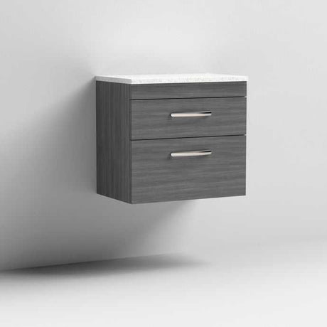 Nuie Athena 2-drawer wall hung bathroom vanity unit in brown grey Avola with sparkling white worktop and soft close drawers