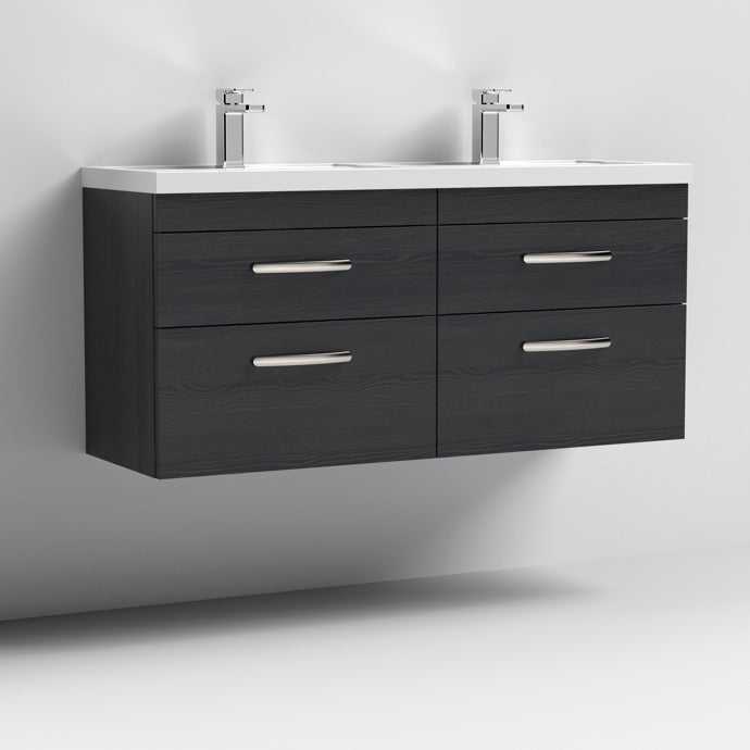 Nuie 4-Drawer Athena Wall Hung Vanity Unit with Double Basin 1200mm Wide - Hacienda Black - ATH047C