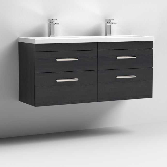 Nuie Athena 4-Drawer Wall Hung Vanity Unit with Double Ceramic Basin 1200mm Wide - Hacienda Black - ATH047F