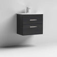 Nuie Athena 2-Drawer Wall Hung Vanity Unit in hacienda black with basin and modern chrome handles
