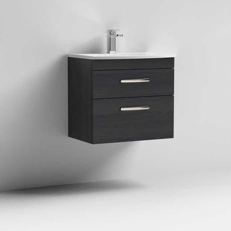 Nuie Athena 2-Drawer Wall Hung Vanity Unit in hacienda black with basin and modern chrome handles