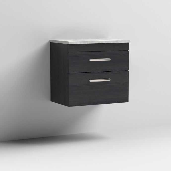 Nuie Athena 2-drawer wall hung vanity unit in Hacienda Black with grey worktop, 600mm wide bathroom storage unit