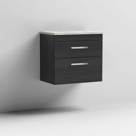 Nuie Athena 2-drawer wall hung vanity unit in Hacienda Black with grey worktop, 600mm wide bathroom storage unit
