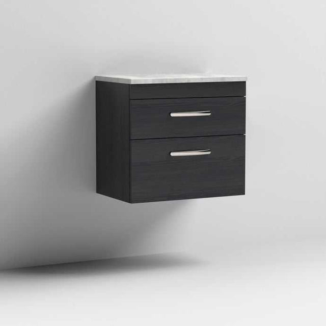 Nuie Athena 2-drawer wall hung vanity unit in Hacienda Black with grey worktop, 600mm wide bathroom storage unit