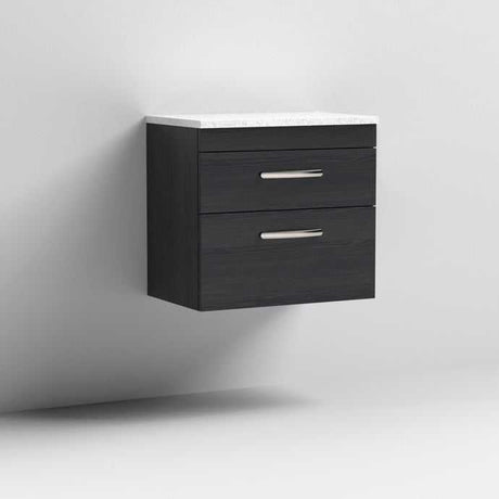 Nuie Athena 2-drawer wall hung vanity unit in Hacienda Black with sparkling white worktop