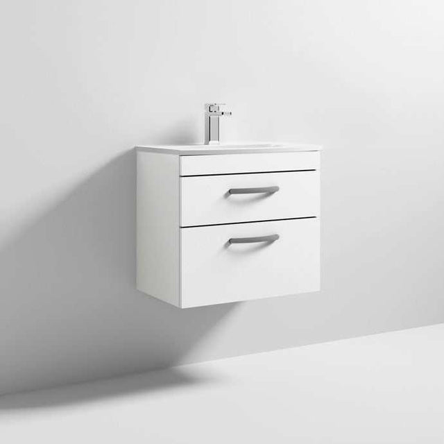 Nuie Athena 2-drawer wall hung vanity unit in gloss white with integrated Basin-4 and chrome handles
