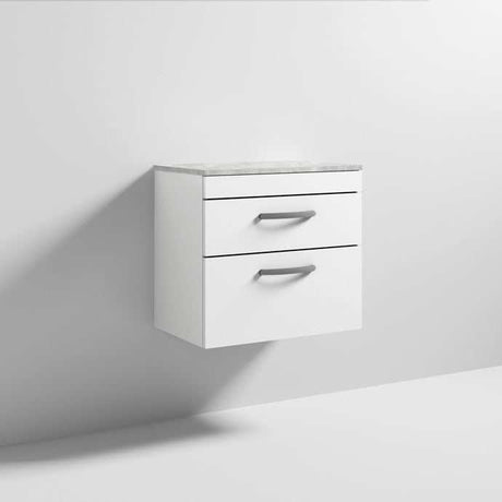 Nuie Athena 2-drawer wall hung vanity unit in gloss white with grey worktop, 600mm wide bathroom storage cabinet.