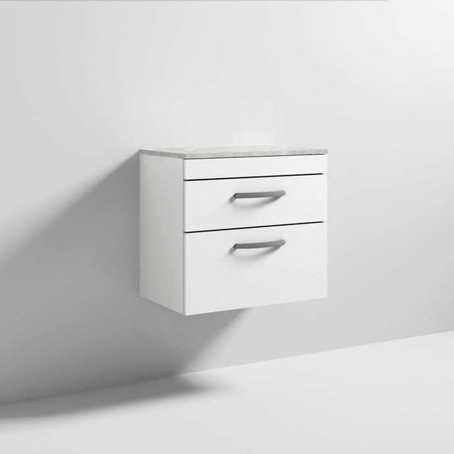 Nuie Athena 2-drawer wall hung vanity unit in gloss white with grey worktop, 600mm wide bathroom storage cabinet.