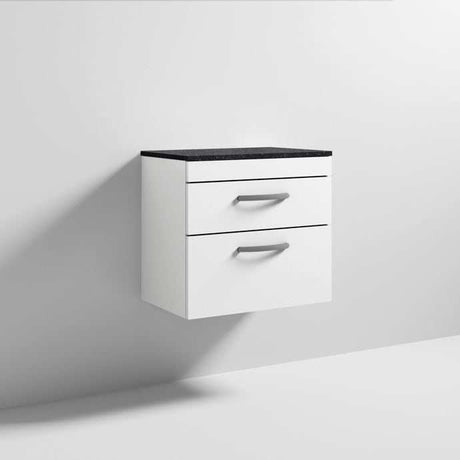 Nuie Athena wall hung bathroom vanity unit 2 drawers gloss white with black worktop 600mm wide
