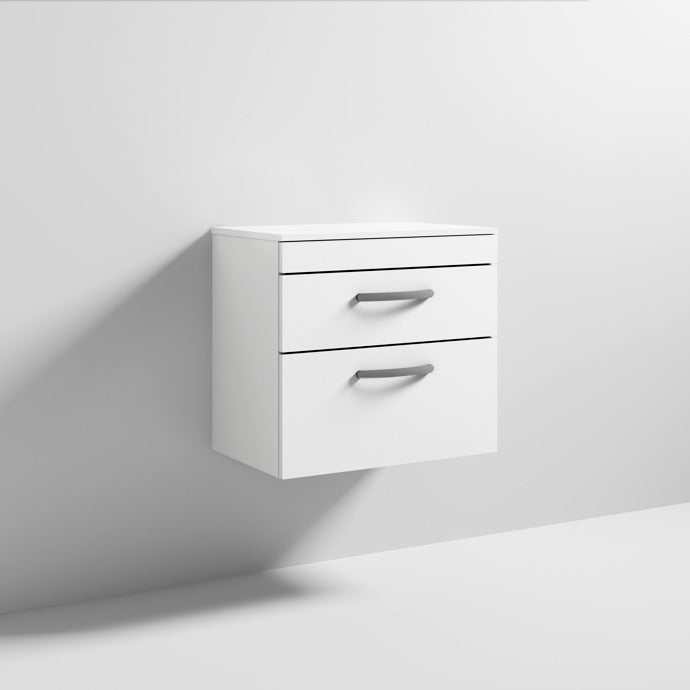 Nuie 2-Drawer Athena wall hung vanity unit in gloss white with modern sleek design and spacious storage drawers