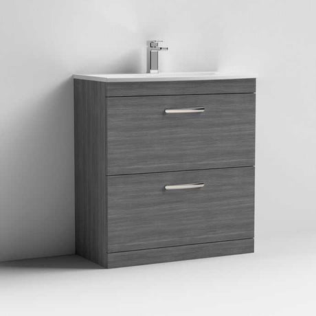 Nuie Athena 2-drawer floor standing vanity unit in brown grey Avola with polymarble basin and sleek silver handles, 800mm wide.