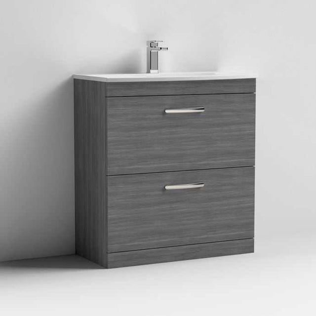 Nuie Athena 2-drawer floor standing vanity unit in brown grey Avola with polymarble basin and sleek silver handles, 800mm wide.