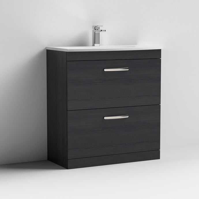 Nuie Athena 2-drawer floor standing vanity unit in Hacienda Black with ceramic basin and chrome handles