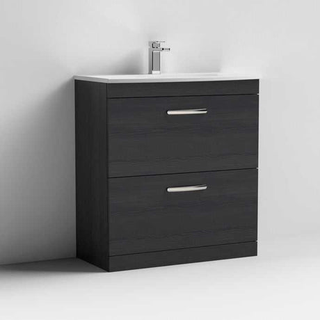 Nuie Athena 2-drawer floor standing vanity unit in Hacienda Black with ceramic basin and chrome handles