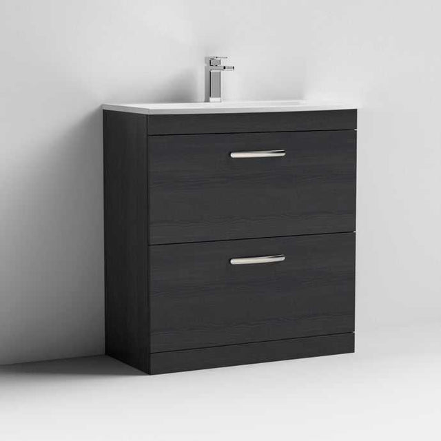 Nuie Athena 2-drawer floor standing vanity unit in Hacienda Black with ceramic basin and chrome handles