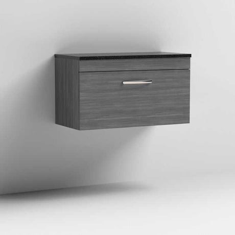 Nuie Athena 1-drawer wall hung vanity unit with sparkling black worktop and brown grey Avola finish, 800mm wide