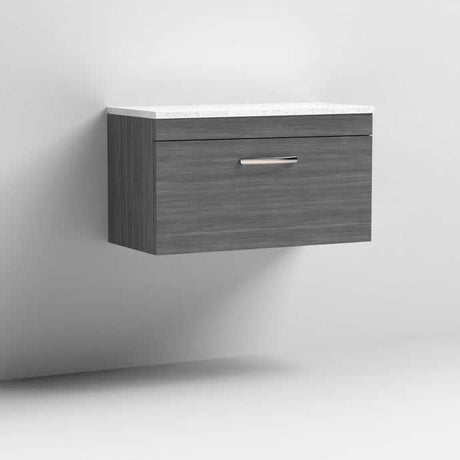 Nuie Athena 1-Drawer wall hung bathroom vanity unit with brown grey Avola finish and sparkling white worktop, 800mm wide