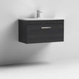 Nuie Athena 1-Drawer Wall Hung Vanity Unit in Hacienda Black with white basin and chrome faucet, 800mm wide.