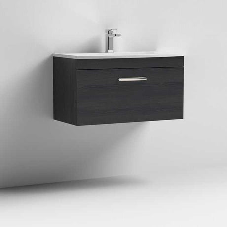 Nuie Athena 1-Drawer Wall Hung Vanity Unit in Hacienda Black with white basin and chrome faucet, 800mm wide.