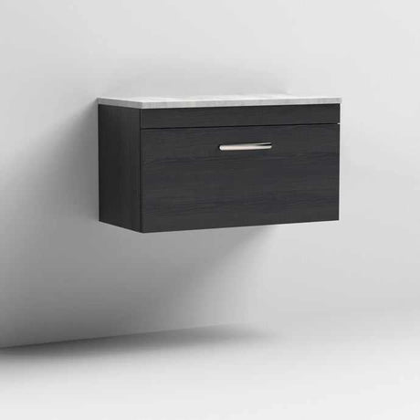 Nuie Athena Modern wall hung bathroom vanity unit with grey worktop and hacienda black finish, 800mm wide, single drawer design