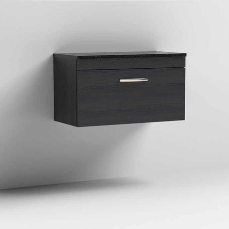 Nuie Athena 1-Drawer wall hung bathroom vanity unit in Hacienda Black with sparkling black worktop, 800mm wide