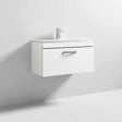 Nuie Athena 1-Drawer Wall Hung Vanity Unit in gloss white with integrated basin and sleek handle, 800mm wide for modern bathroom storage.
