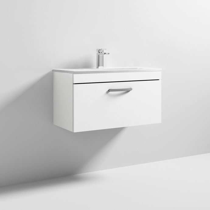 Nuie Athena 1-Drawer Wall Hung Vanity Unit in gloss white with integrated basin and sleek handle, 800mm wide for modern bathroom storage.