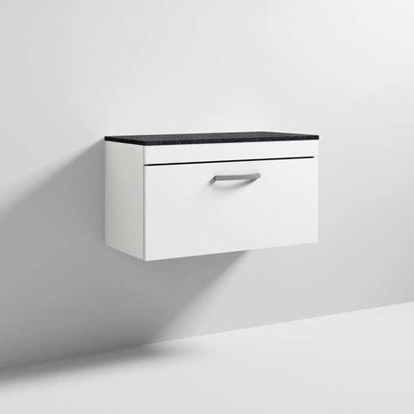 Nuie Athena 1-drawer wall hung vanity unit with gloss white finish and sparkling black worktop, 800mm wide